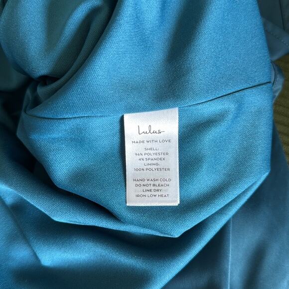 LULUS ELEGANR POISE DARK TEAL BLUE SATIN ASYMMETRICAL TIE FRONT DRESS SMALL - Picture 8 of 9